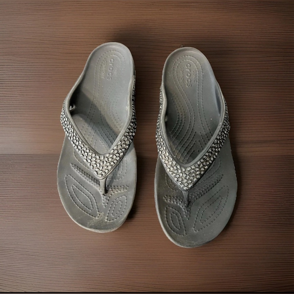 Crocs Womens Flip Sandals 9W Kadee II Embellished Tong Black Glitter Comfort